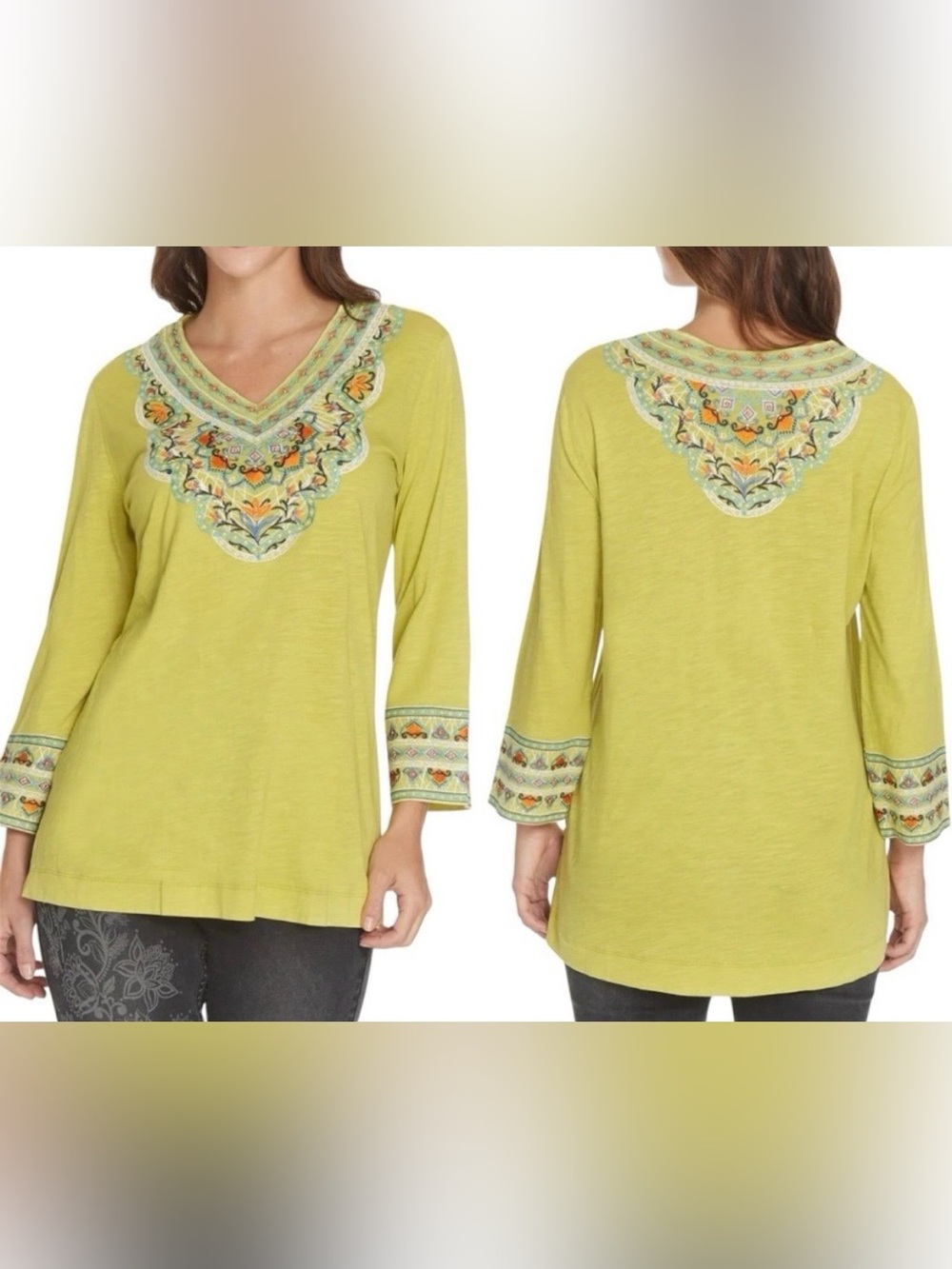 JOHN MARK Women Chartreuse Green Citron Embroidered V Neck Boho Tunic Top